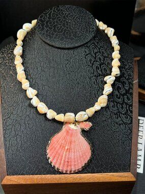 Natural Shell Statement Necklace with Pink Pendant